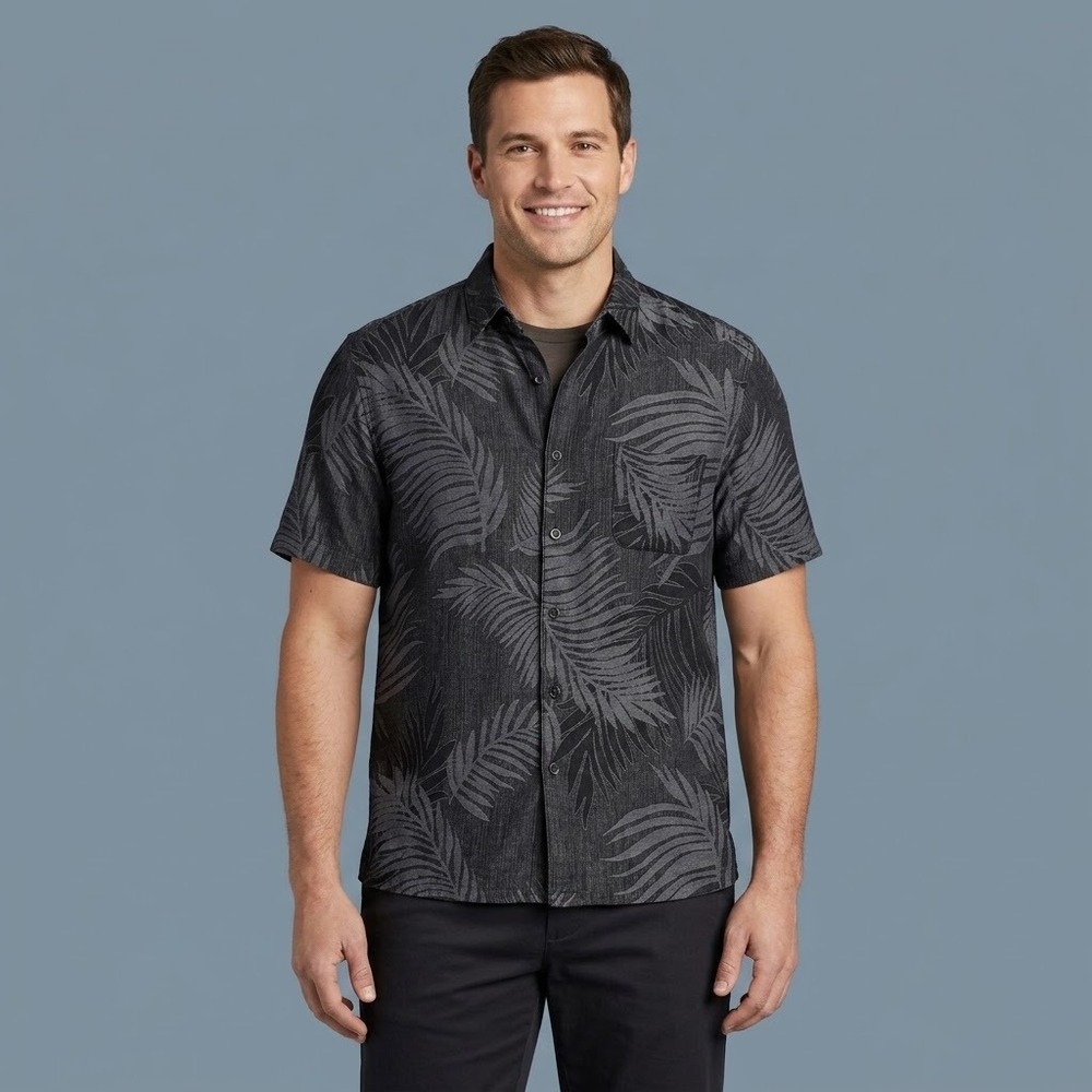 Tasso Elba Island Silk Linen‎ Palm Hawaiian Shirt Mens L Black EUC